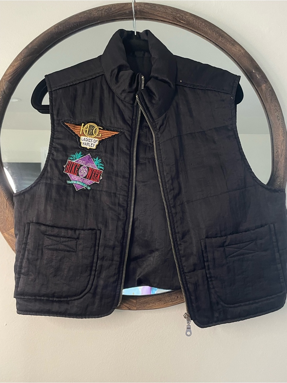 Black Quilted Women's Vest with Embroidered Patches